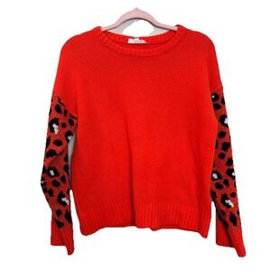 THML Leopard Orange Sleeve Knit Sweater Women's Small S‎ Animal Print Bright